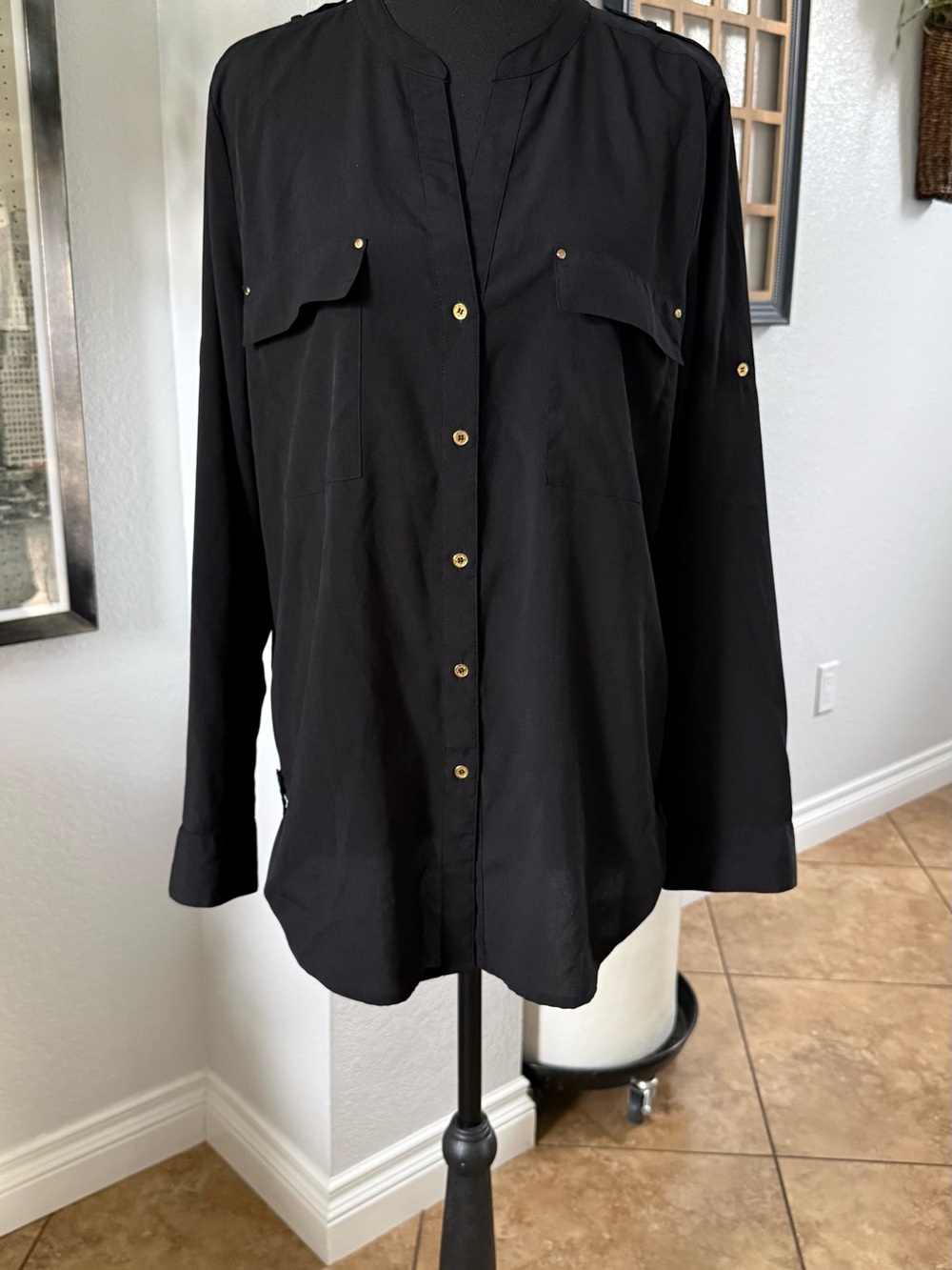 Calvin Klein Black Button-Front Long Sleeve Blouse with Gold Accents